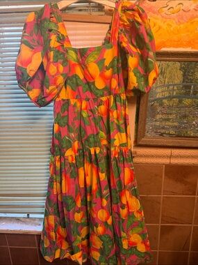Women's Puff-Sleeve Tiered Midi Dress in Pink and Orange